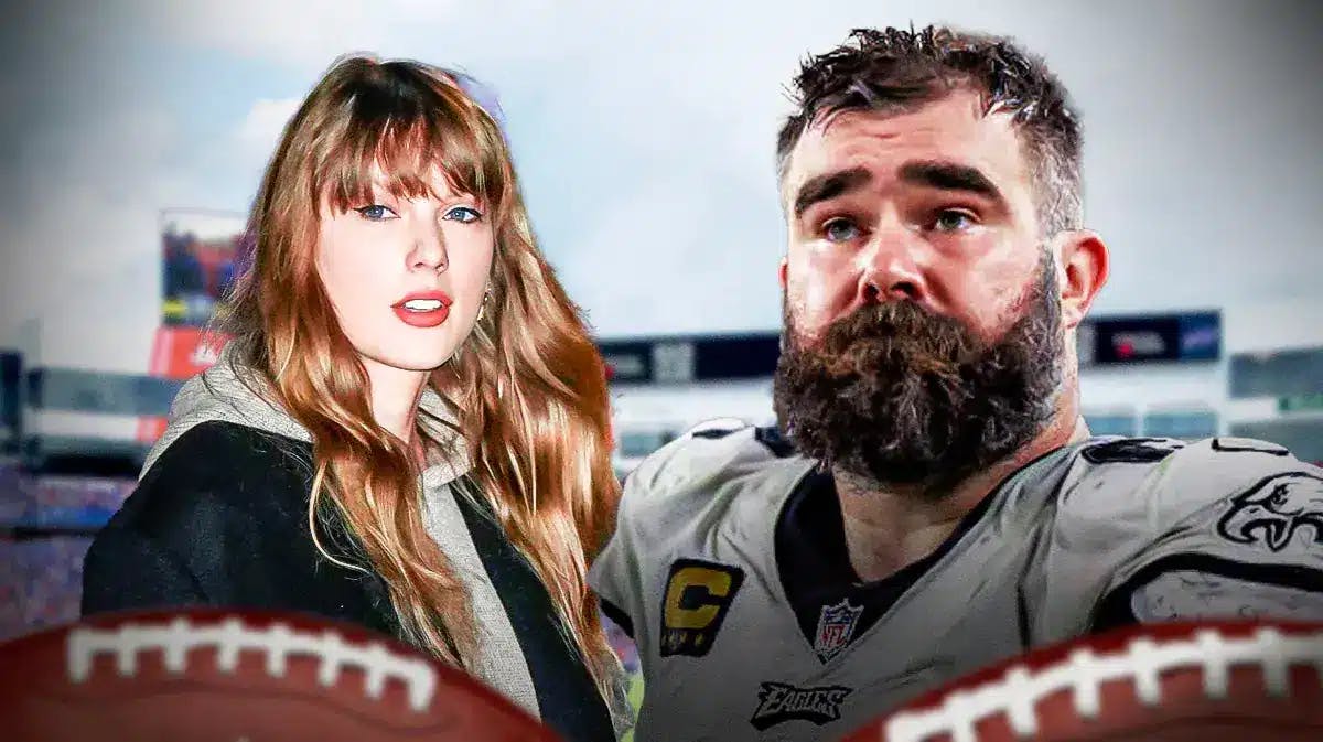 Taylor Swift and Jason Kelce with Buffalo Bills Highmark stadium background.