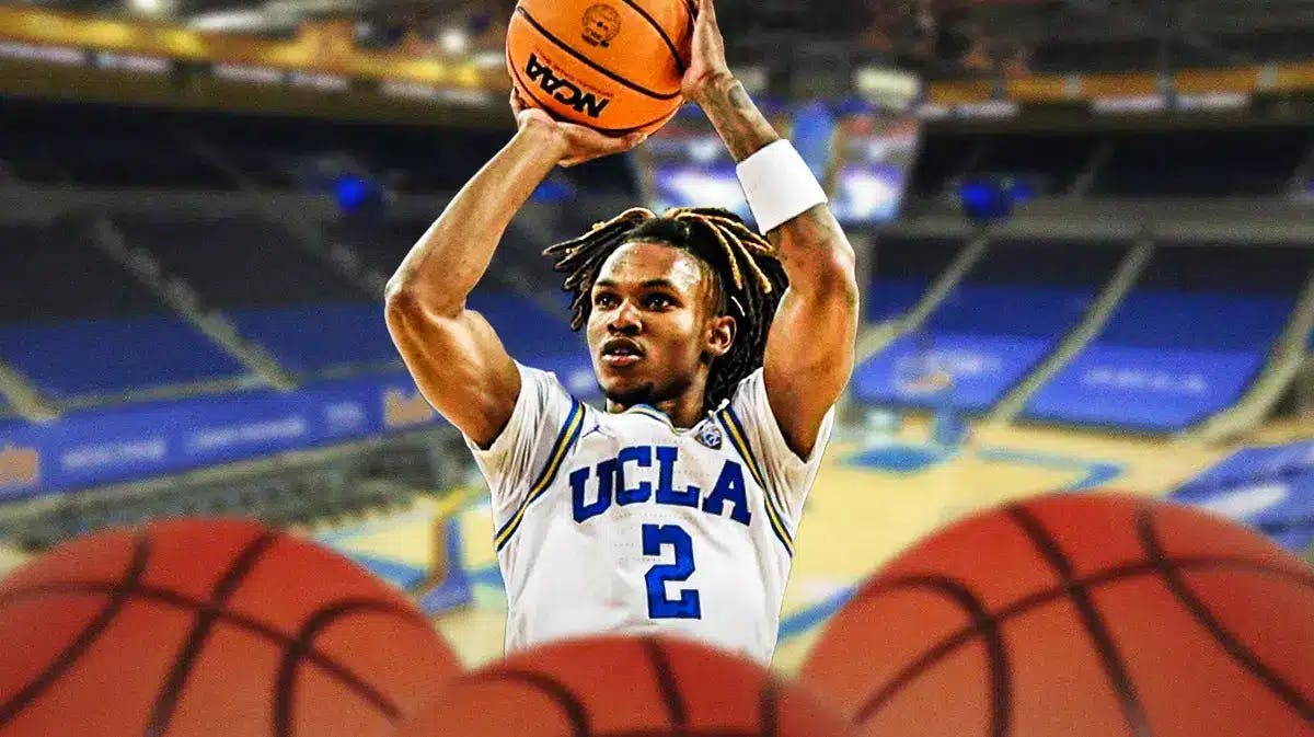 UCLA basketball’s Dylan Andrews shooting a basketball.