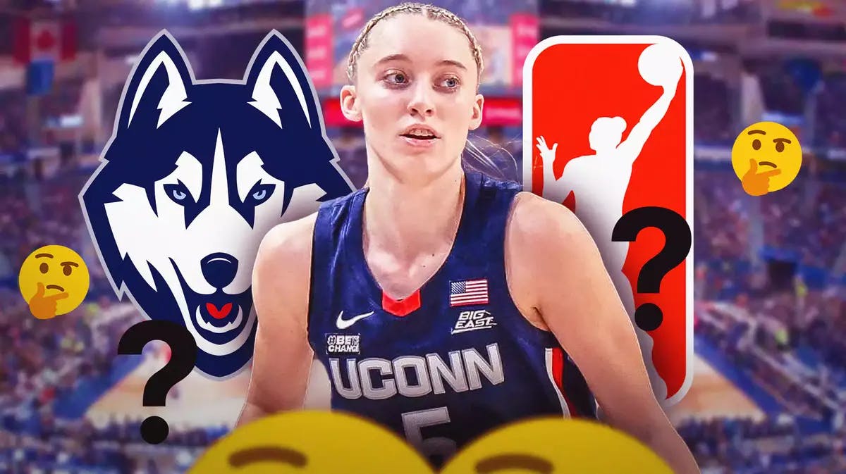 UConn women’s basketball player Paige Bueckers, in her UConn uniform, with questions marks and the thinking emoji surrounding Bueckers (thinking emoji - Google Search) with the WNBA logo on one side and the UConn Huskies logo on the other