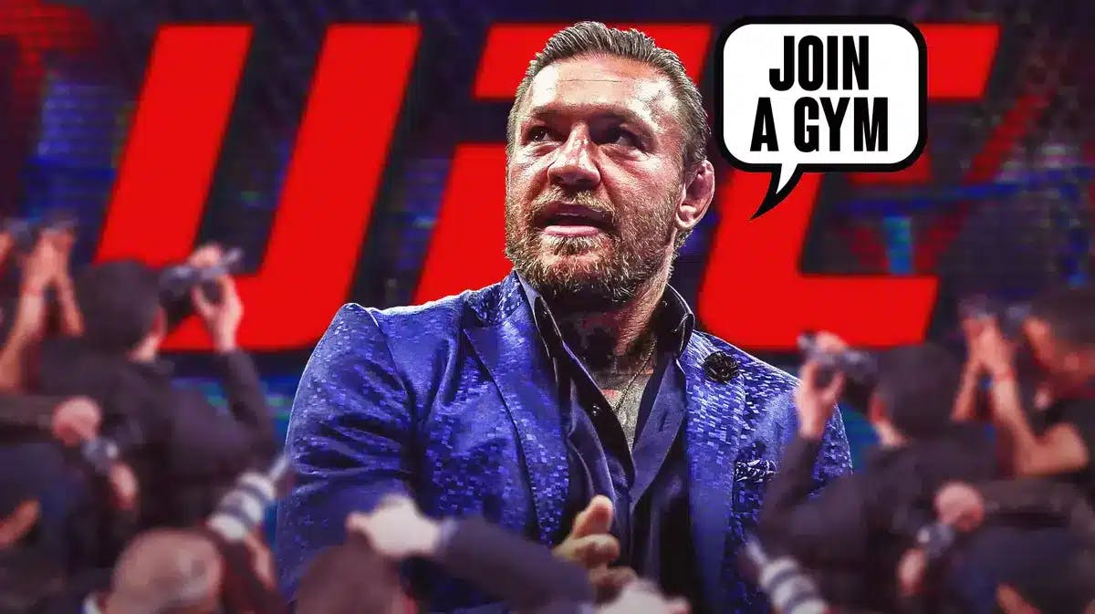 Conor McGregor talking to the press, saying: 'Join a gym', the UFC logo behind him