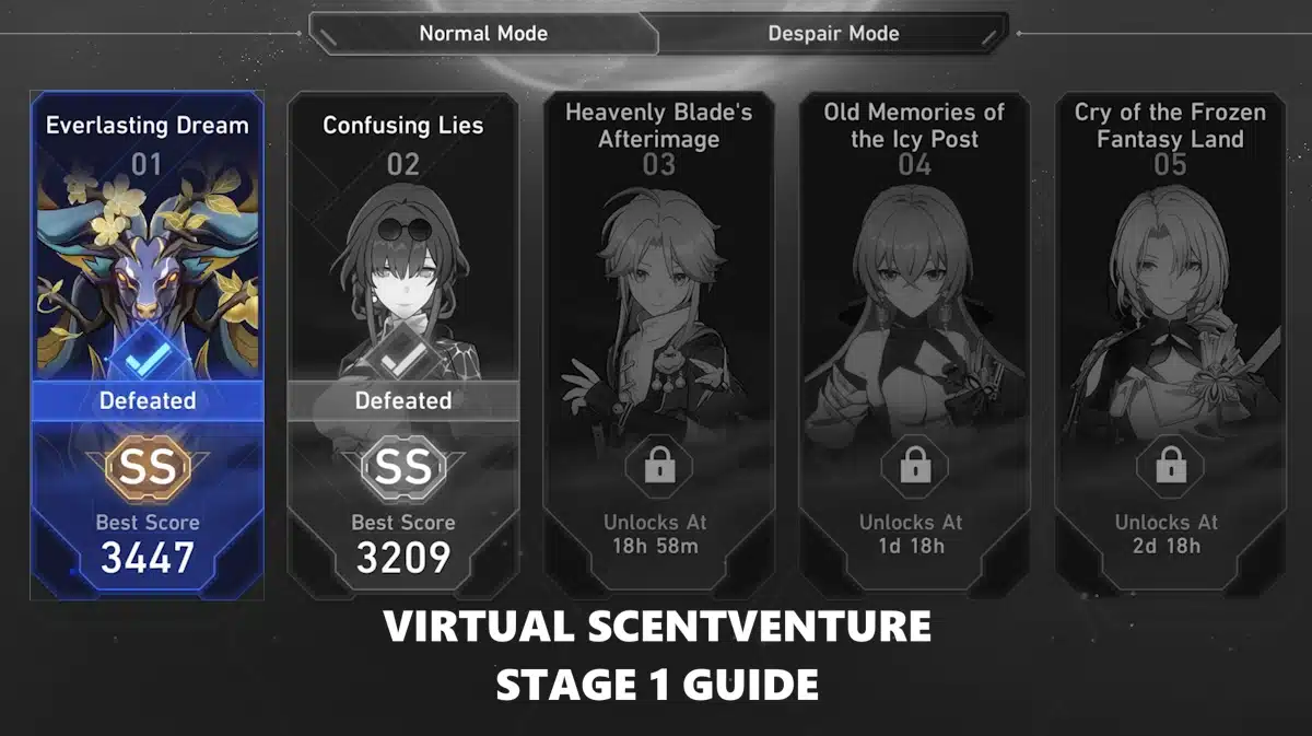virtual scentventure stage 1, virtual scentventure guide, virtual scentventure, honkai star rail event, honkai star rail, a screenshot of the virtual scentventure highlighting stage 1 with the words virtual scentventure stage 1 guide under it