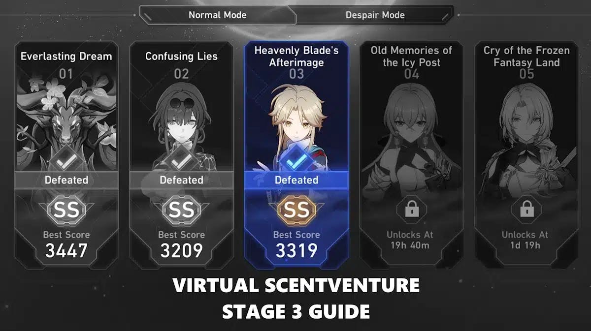 virtual scentventure stage 3, virtual scentventure guide, virtual scentventure, honkai star rail event, honkai star rail, a screenshot of the virtual scentventure highlighting stage 3 with the words virtual scentventure stage 3 guide under it