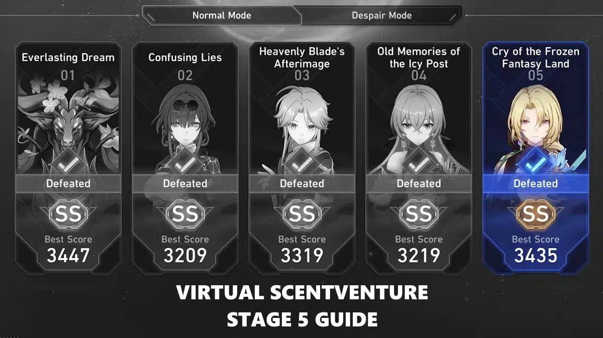 virtual scentventure stage 5, virtual scentventure guide, virtual scentventure, honkai star rail event, honkai star rail, a screenshot of the virtual scentventure highlighting stage 5 with the words virtual scentventure stage 5 guide under it
