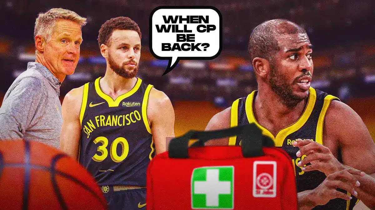 Warriors' Steve Kerr and Steph Curry asking "When will CP be back" next to Chris Paul