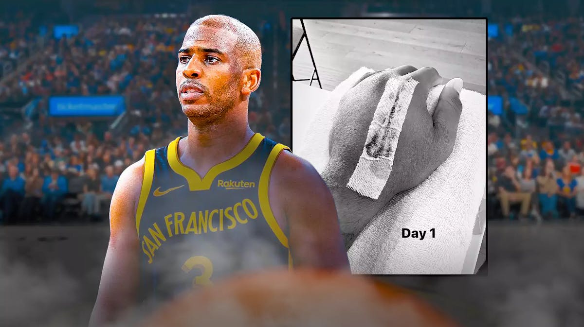 Chris Paul with the Warriors arena in the background, also include a screenshot from the link.