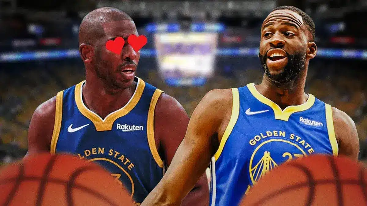 Warriors' Chris Paul with hearts in his eyes looking at Warriors' Draymond Green.