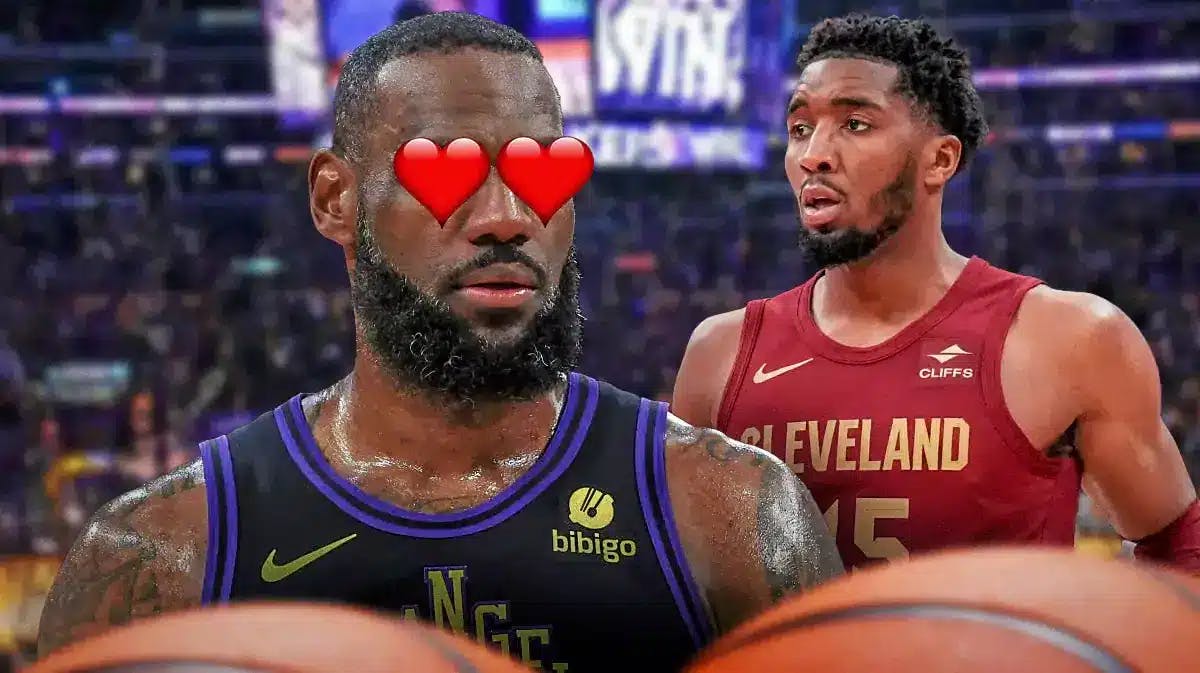Lakers' LeBron James with heart emoji eyes looking at the Cavs' Donovan Mitchell.