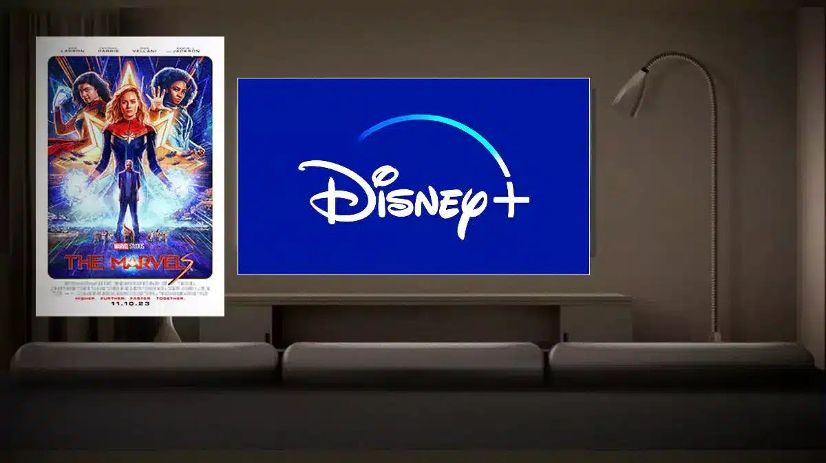 The Marvels poster next to TV with Disney+ logo.