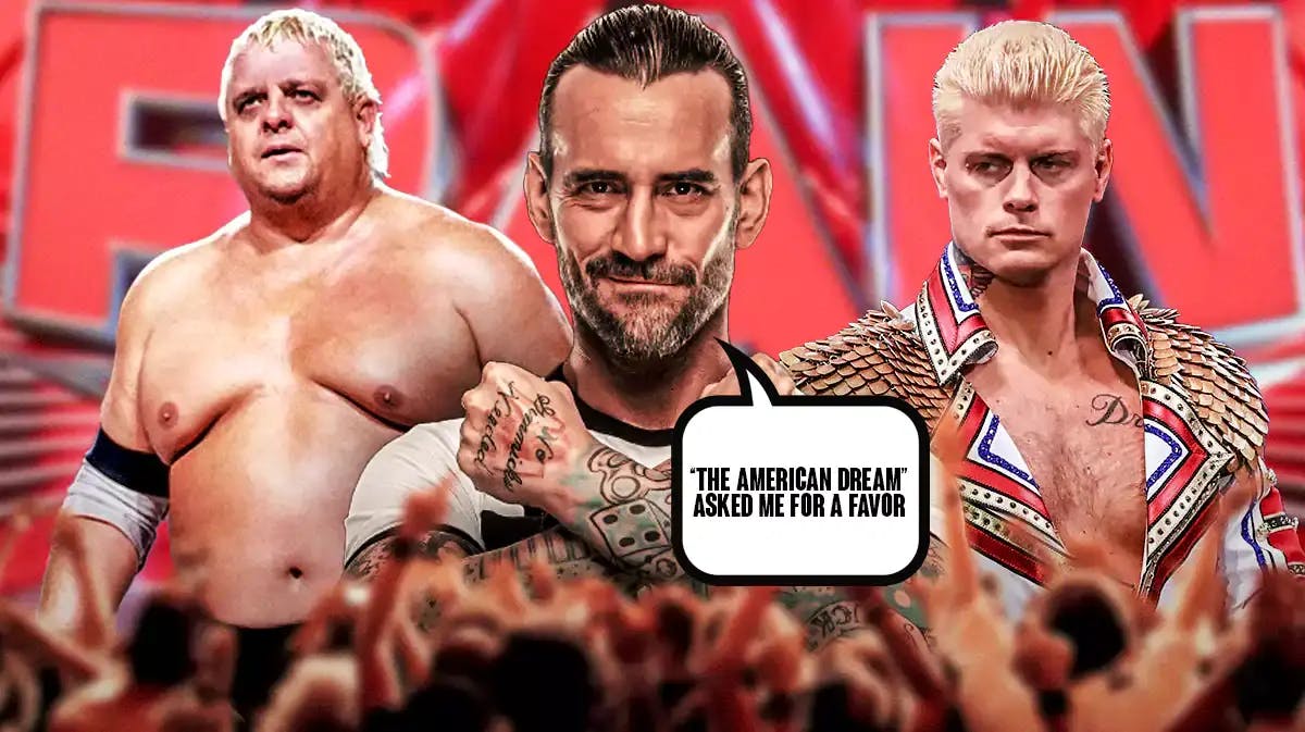 CM Punk with a text bubble reading “ “The American Dream” asked me for a favor “ , with Cody Rhodes on his right and Dusty Rhodes on his left and the RAW logo as the background.