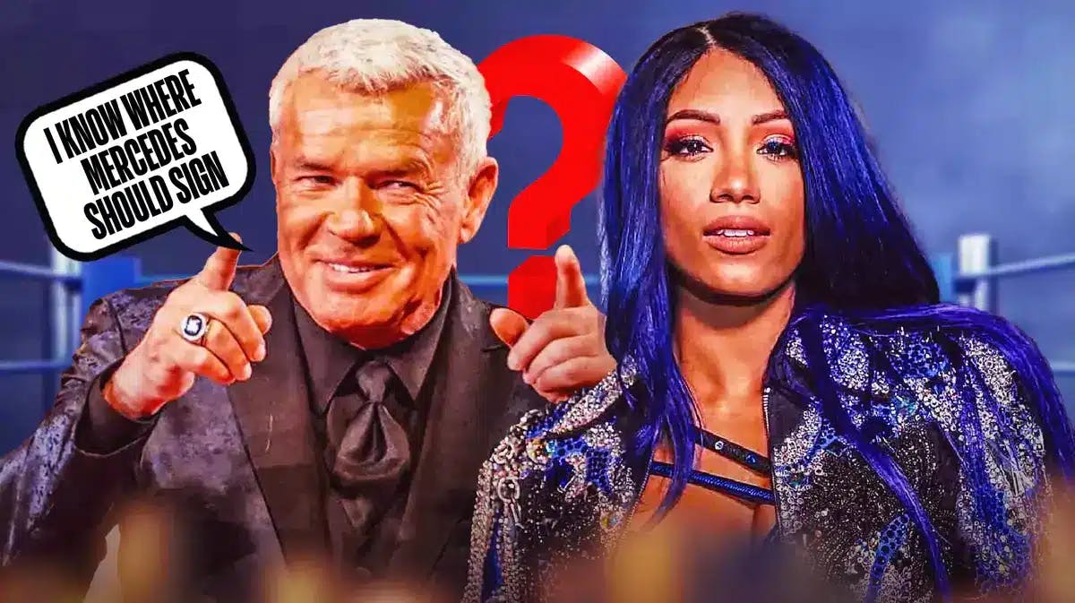 Eric Bischoff with a text bubble reading “I know where Mercedes should sign” next to Mercedes Mone with a giant question mark as the background.