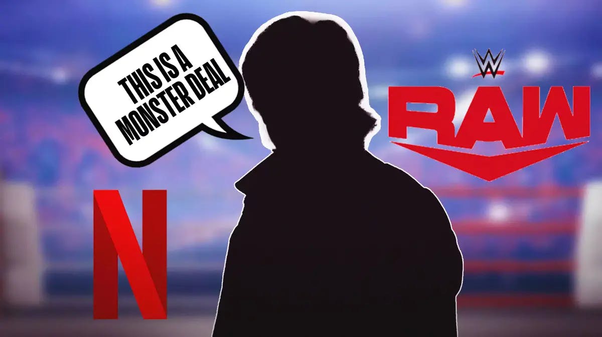 The blacked-out silhouette of Eric Bischoff with a text bubble reading “This is a monster deal” with the Netflix and RAW logos in the background.