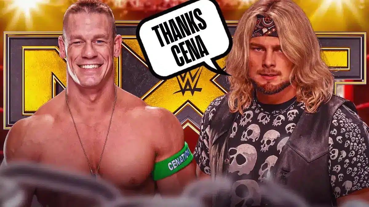 Lexis King with a text bubble reading “Thanks Cena” next to John Cena with the NXT logo as the background.