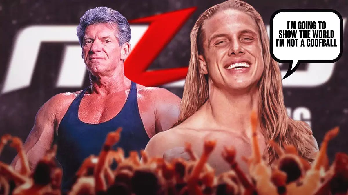 Matt Riddle with a text bubble reading “I’m going to show the world I’m not a goofball” next to Vince McMahon with the Major League Wrestling logo as the background.
