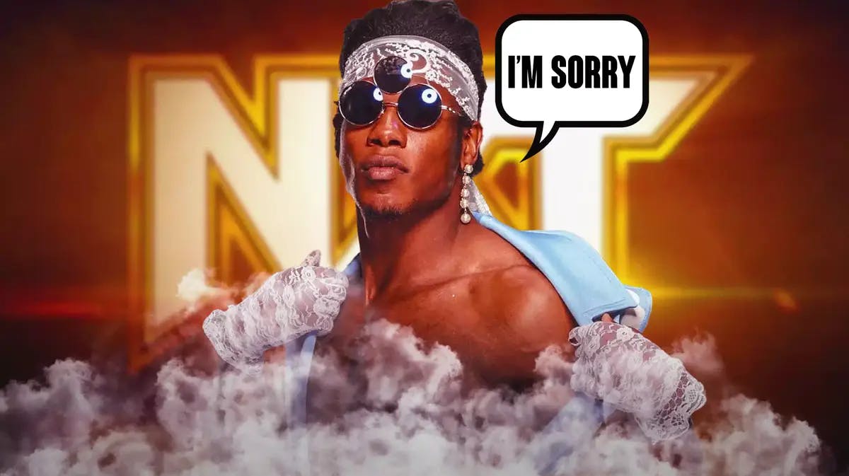 Velveteen Dream with a text bubble reading “I’m sorry” with the NXT logo as the background.