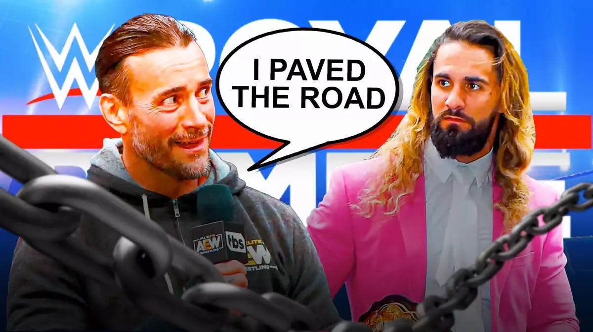 CM Punk with a text bubble reading “I paved the road” next to Seth Rollins with the 2024 Royal Rumble logo as the background.