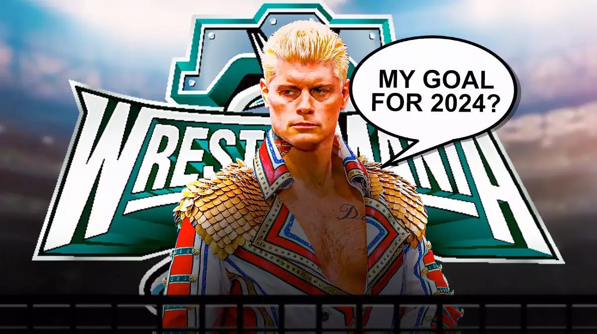 Cody Rhodes with a text bubble ready “My goal for 2024?” with the WrestleMania 40 logo as the background.