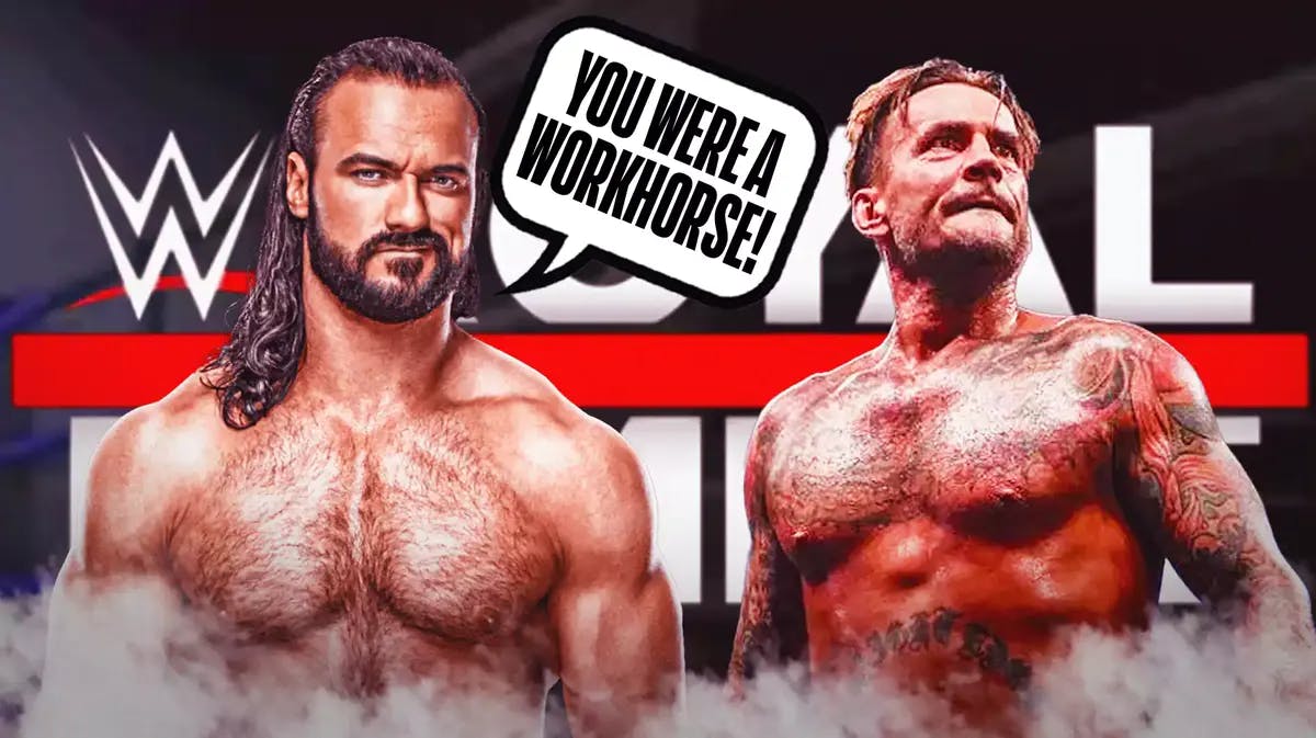 Drew McIntyre with a text bubble reading “You were a workhorse!” next to CM Punk with the 2024 Royal Rumble logo as the background.