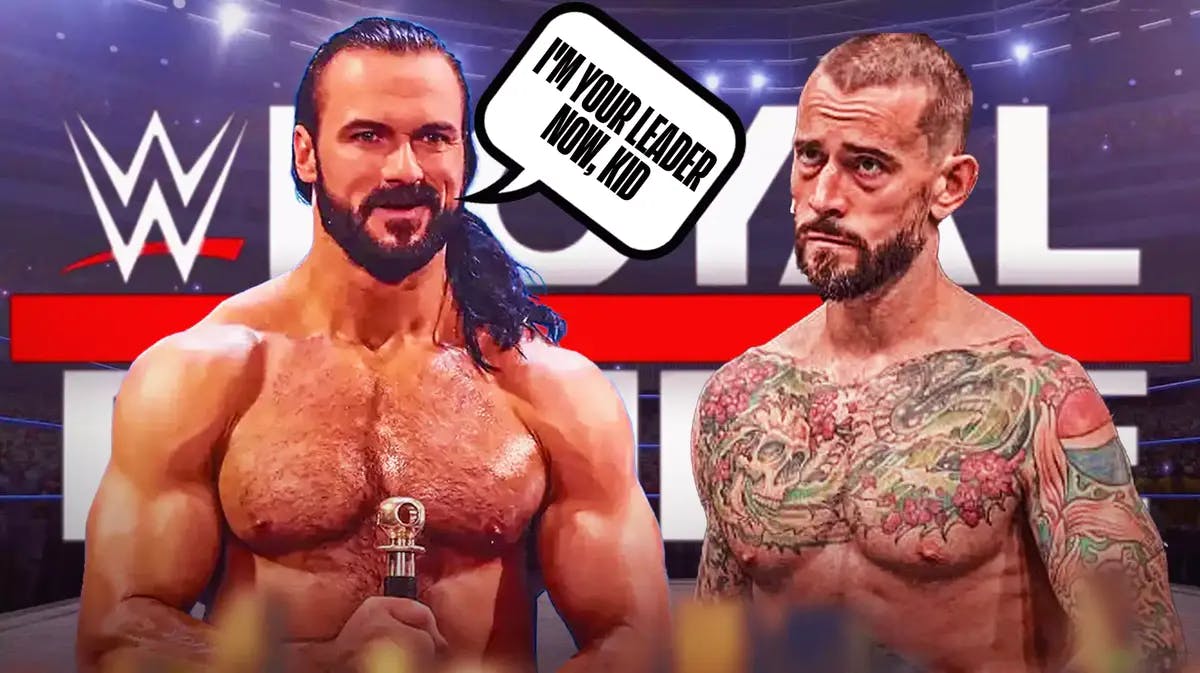 Drew McIntyre with a text bubble reading “I'm your leader now, kid” next to CM Punk with the 2024 Royal Rumble logo as the background.