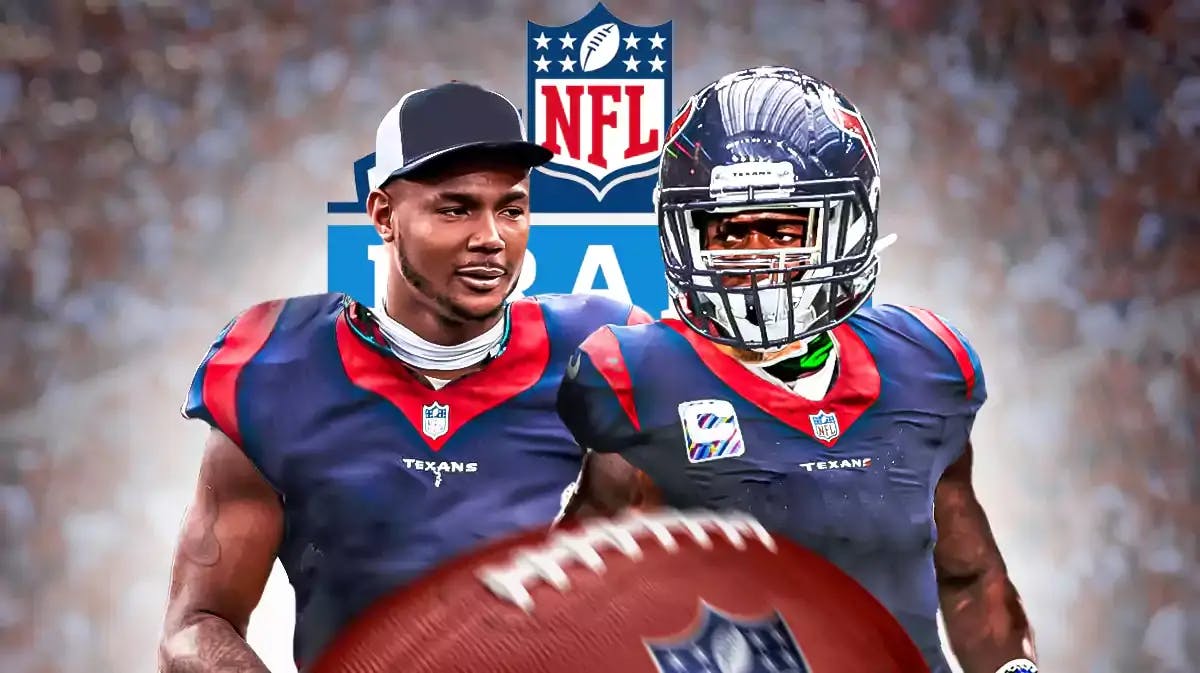Photo: Ja’Tavion Sanders, Bucky Irving both in Texans jerseys, 2024 NFL Draft logo behind them.