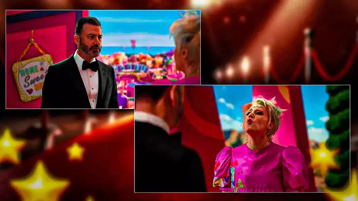 A still of Jimmy Kimmel and one of Kate McKinnon from the 2024 Oscars Barbie-themed teaser