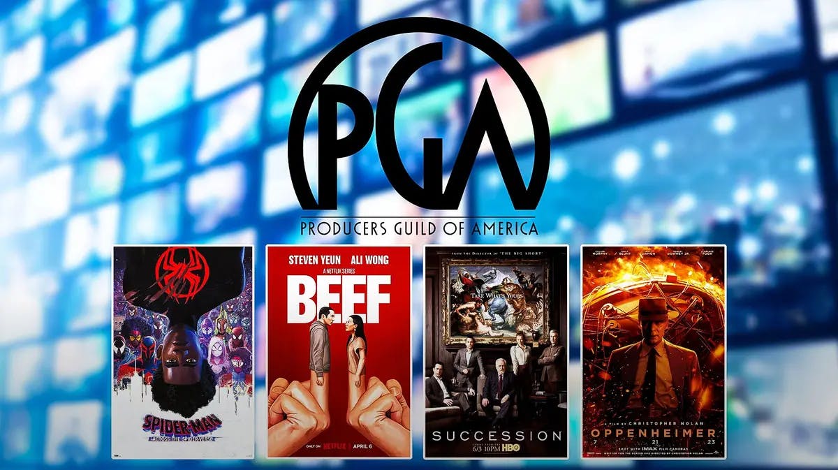 From Left to Right: Posters of Spider-Man: Across the Spider-verse, Beef, Succession and Oppenheimer; Background: Producers Guild Awards logo