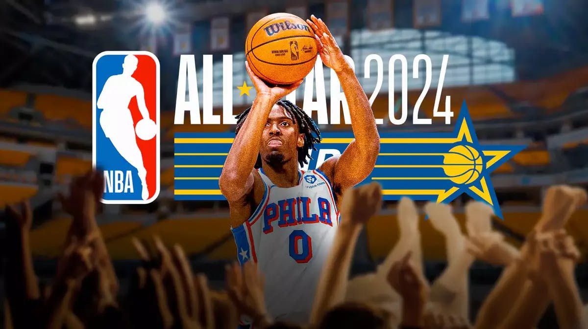 76ers' Tyrese Maxey in front of the 2024 NBA All-Star Game logo