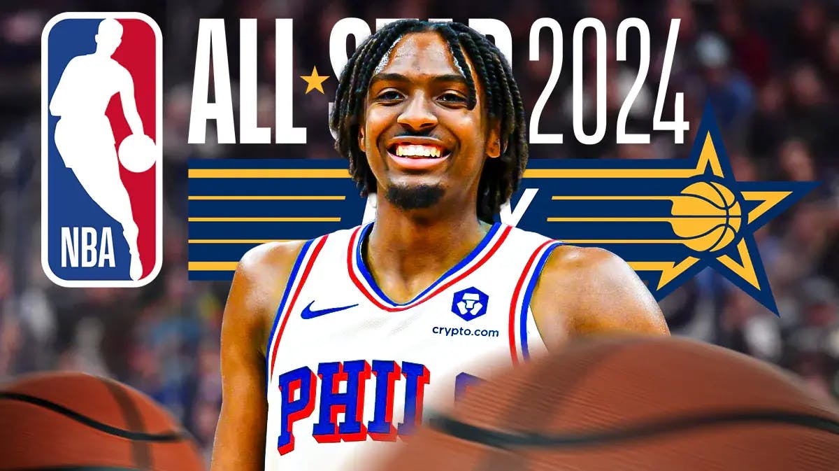 76ers' Tyrese Maxey in front of the 2024 NBA All-Star Game logo
