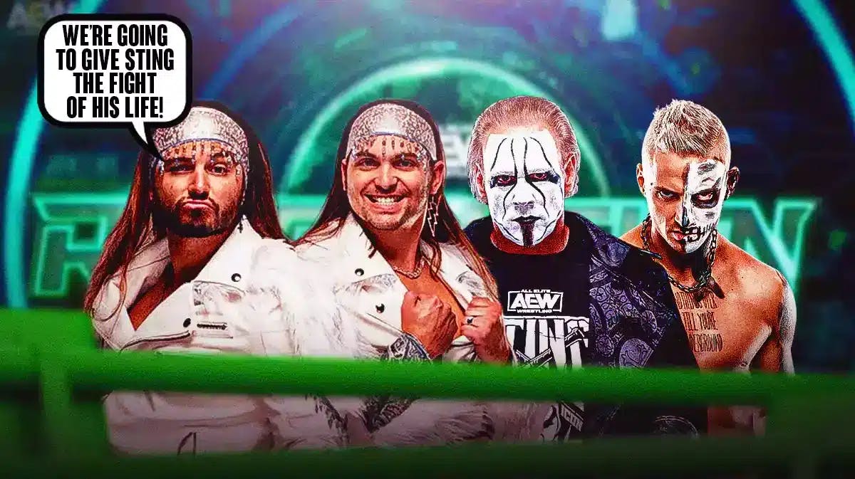 The Young Bucks with a shared text bubble reading “We’re going to give Sting the fight of his life!” next to Sting and Darby Allin with the 2024 AEW Revolution logo as the background.
