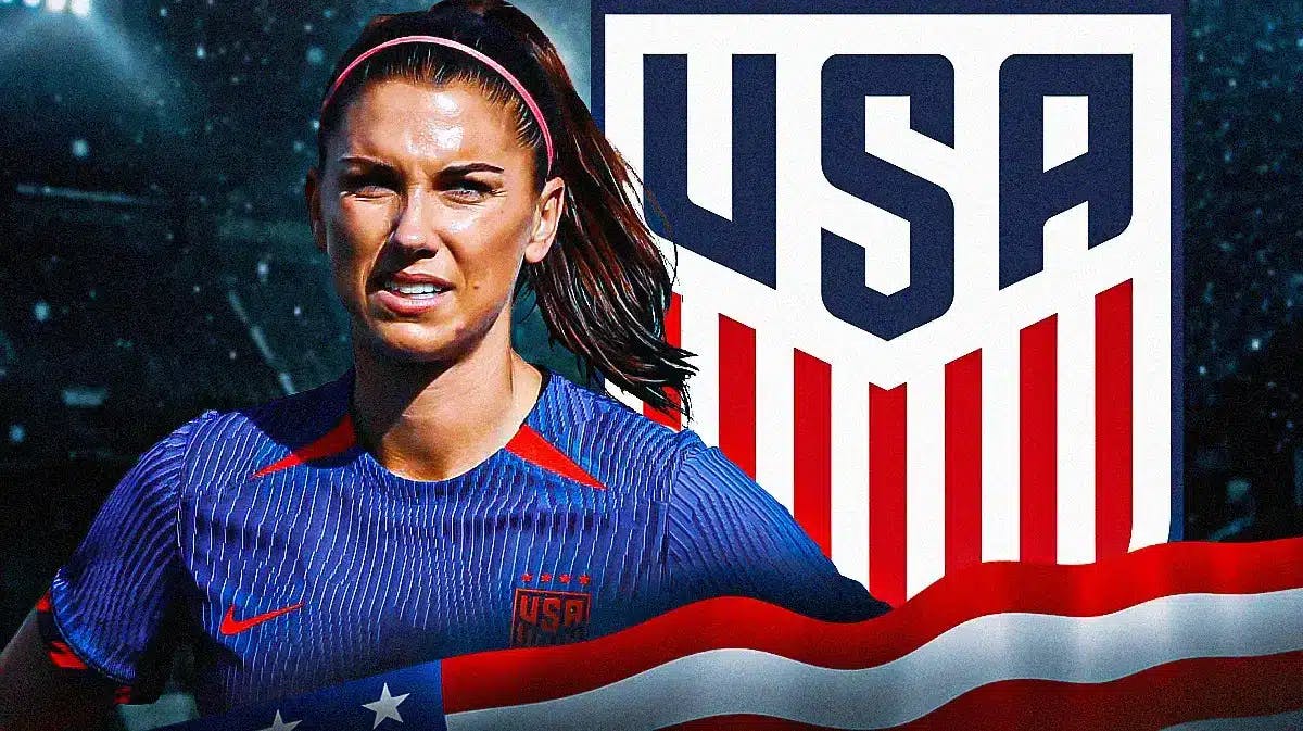 Alex Morgan looking sad in front of the USWNT logo