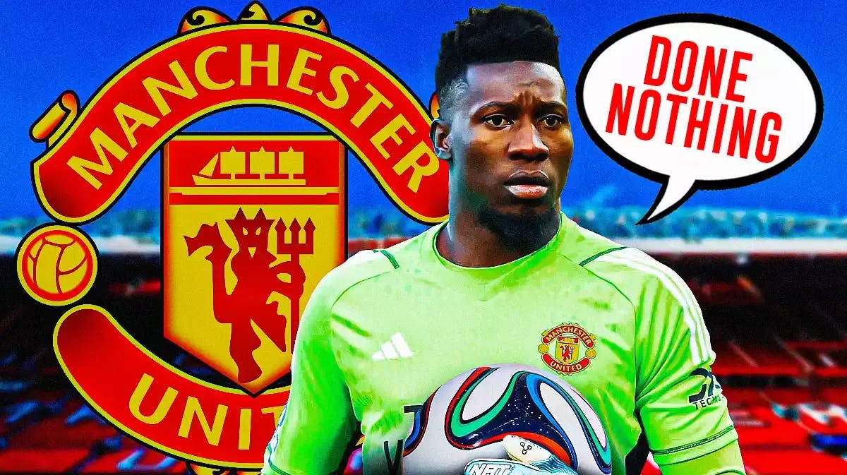 Andre Onana saying: ‘Done nothing’ in front of the Manchester United logo
