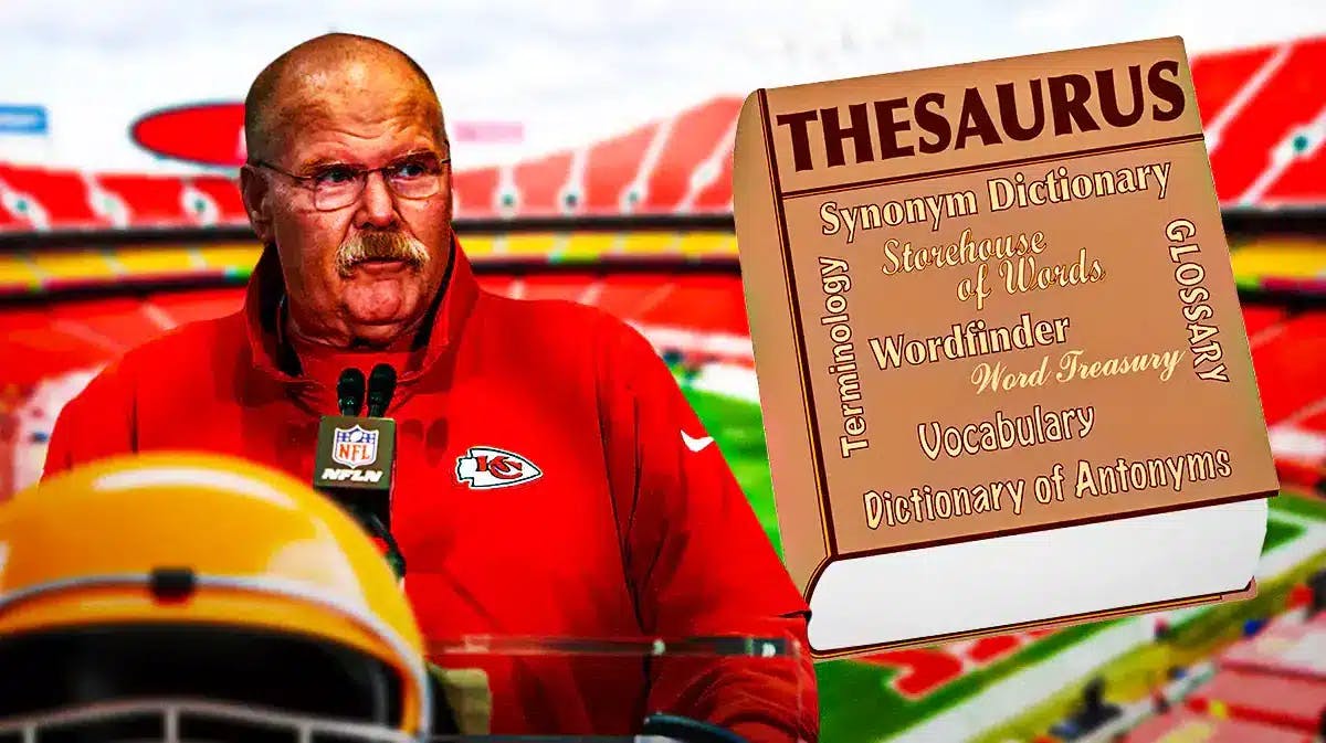 Kansas City Chiefs head coach Andy Reid next to a thesaurus