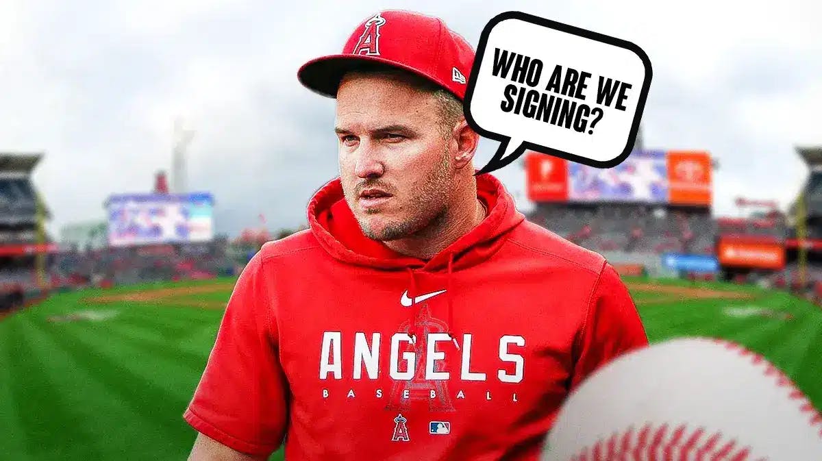 Angels' Mike Trout saying the following: Who are we signing? Angel Stadium background.
