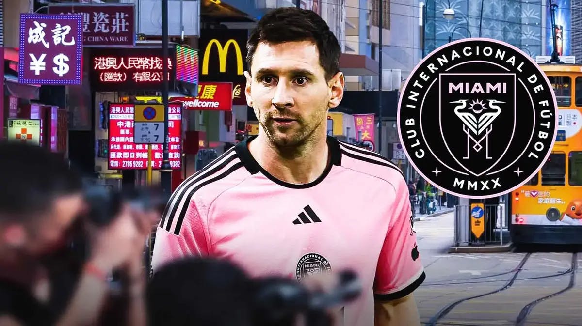 Lionel Messi in Hong Kong, the Inter Miami logo in the sky