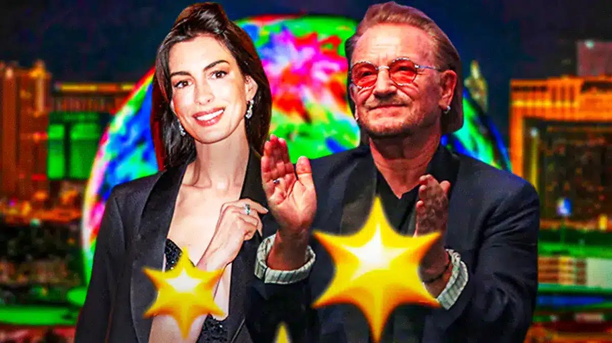 Anne Hathaway and U2 Bono with MSG Sphere background.