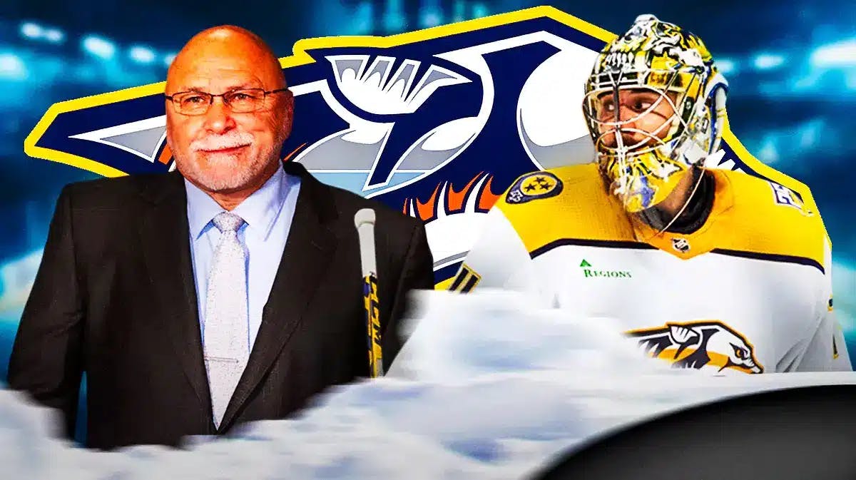 Barry Trotz on one side looking thoughtful, Juuse Saros on other side, NASH Predators logo, hockey rink in background