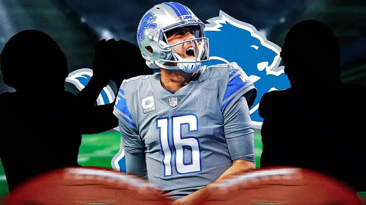 Jared Goff in middle of image looking stern, 1 silhouetted DET Lions player on each side, DET Lions logo, football field in background