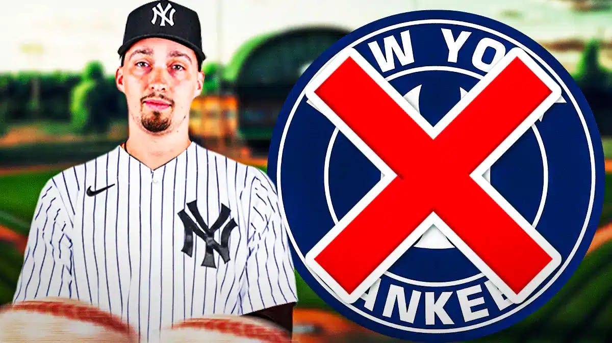 Blake Snell in a Yankee uniform, with an X on him.