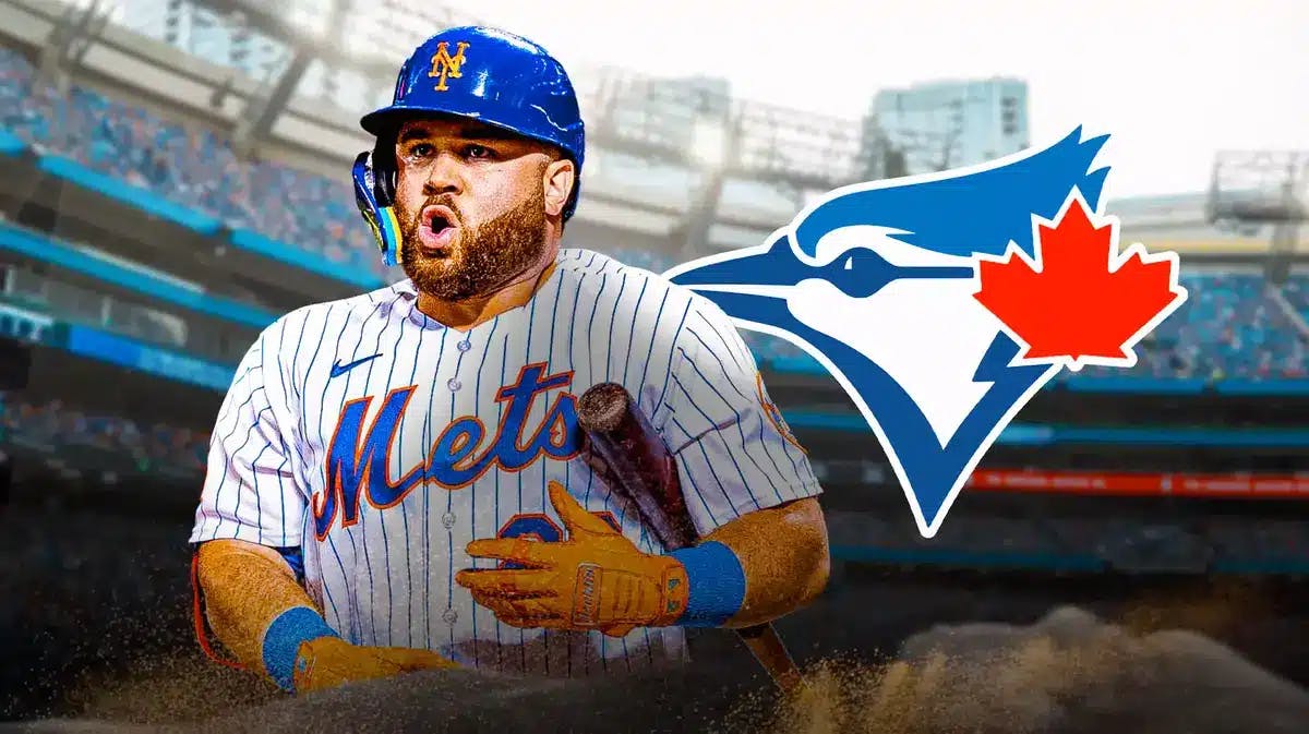 Mets' Dan Vogelbach hyped up, with the Blue Jays logo beside him
