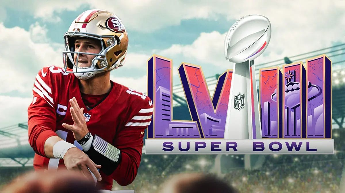 Brock Purdy next to Super Bowl 58 logo