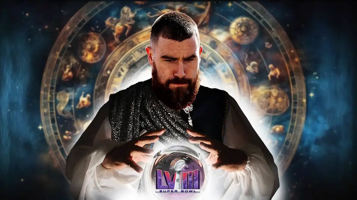 Chiefs' Travis Kelce as a fortune teller with a crystal ball. Inside the crystal ball is the Super Bowl 58 logo