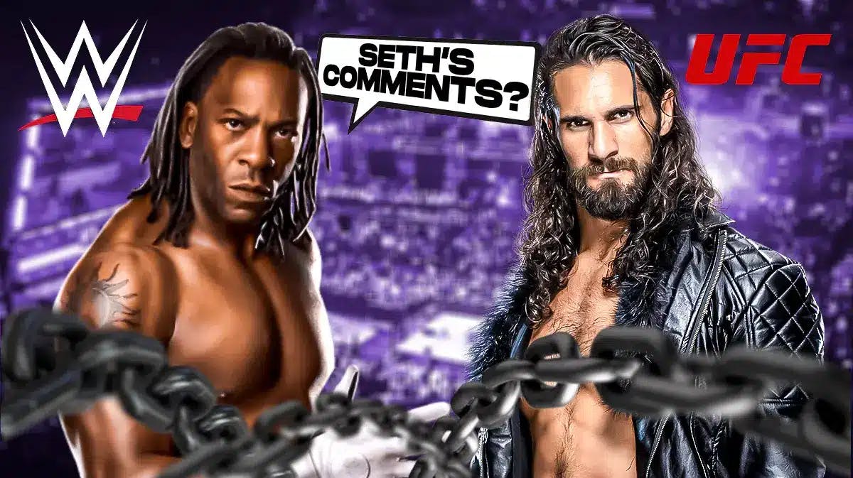 Booker T with a text bubble reading “Seth’s comments?” next to Seth Rollins with the WWE and UFC logos as the background.