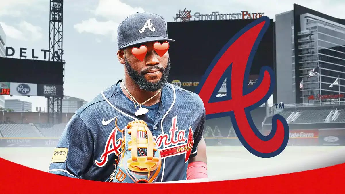 Michael Harris II with hearts in his eyes next to a Braves logo at Truist Park