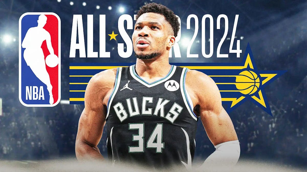 Giannis Antetokounmpo with the 2024 NBA All-Star Game logo in the background, Bucks
