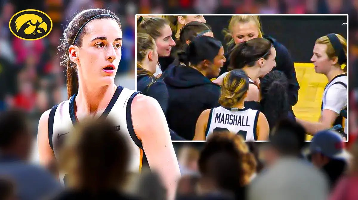 Caitlin Clark with the Iowa Hawkeyes logo in the background, also include a screenshot of her hugging her teammates from the link