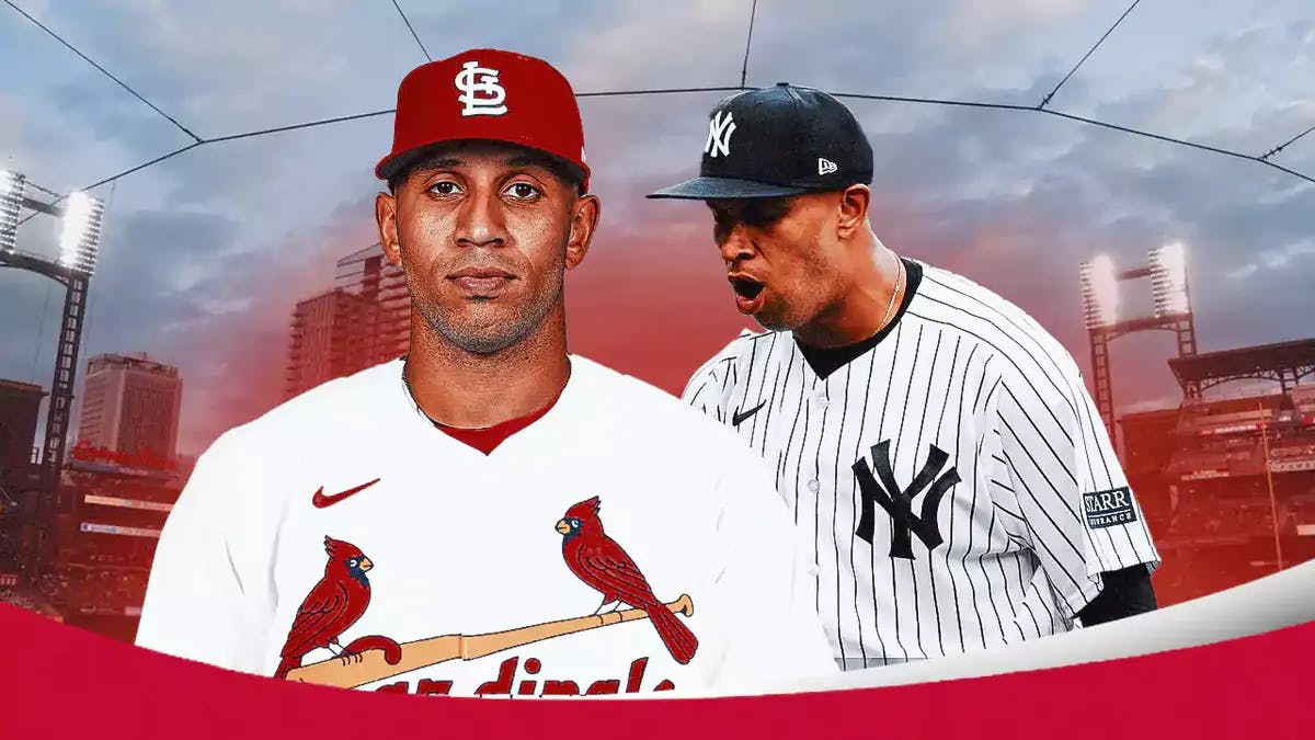 Keynan Middleton in a Cardinals uniform, with a picture of him in a Yankees uniform in 2023 on the side