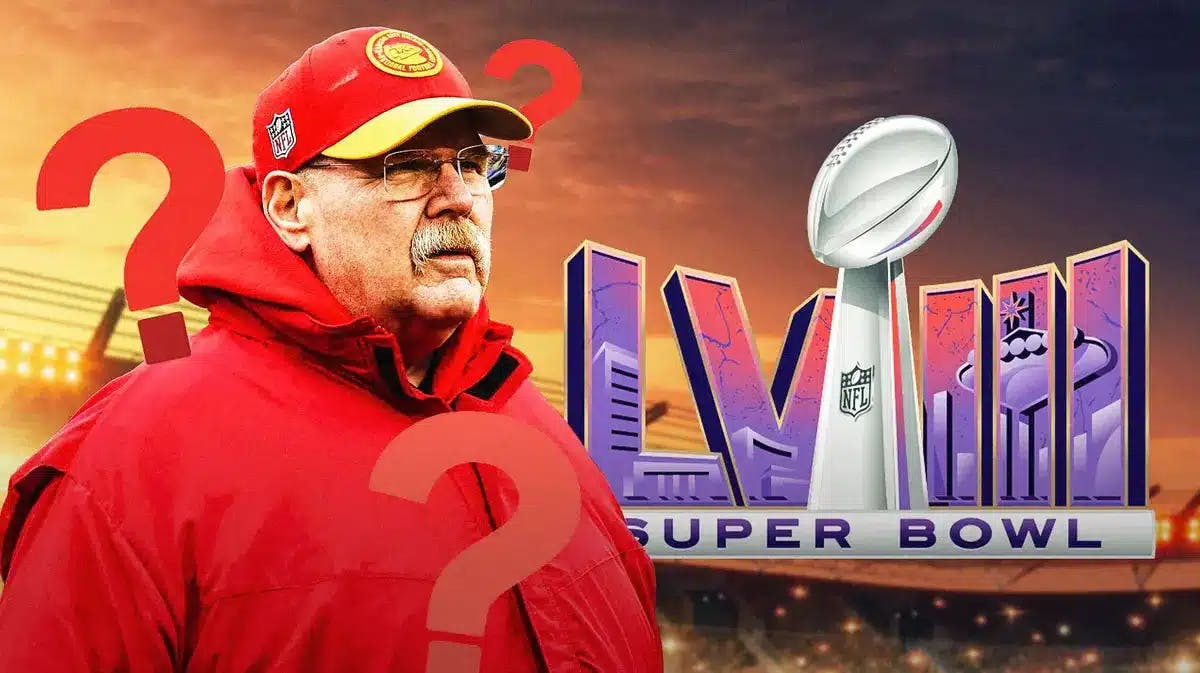 Andy Reid with question marks around him. Super Bowl 58 logo in background
