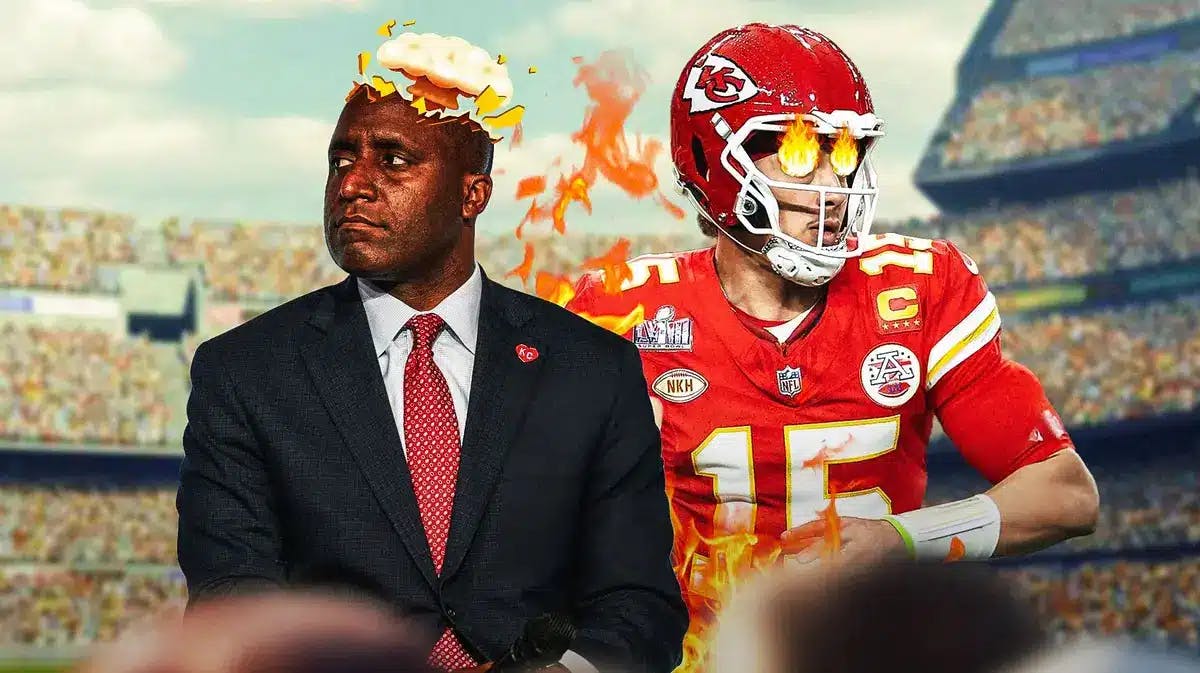 Kansas City Mayor Quinton Lucas with mind-blown head. Patrick Mahomes with fire in his eyes