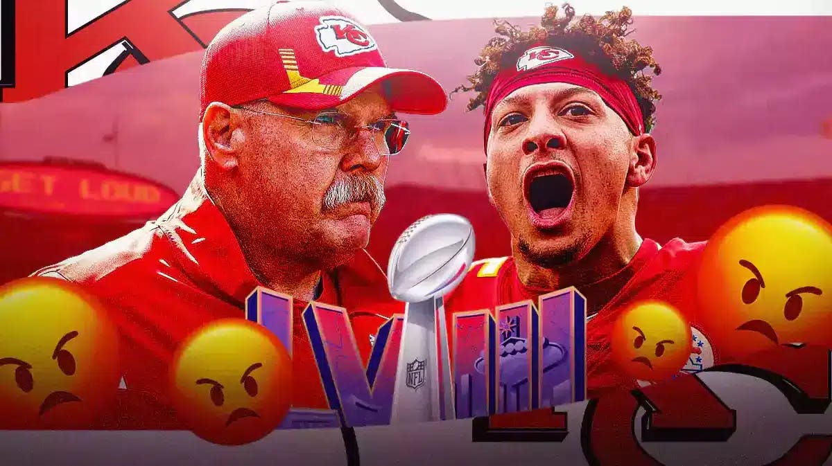 Patrick Mahomes, Andy Reid looking angry with angry emojis around them. Super Bowl 58 logo