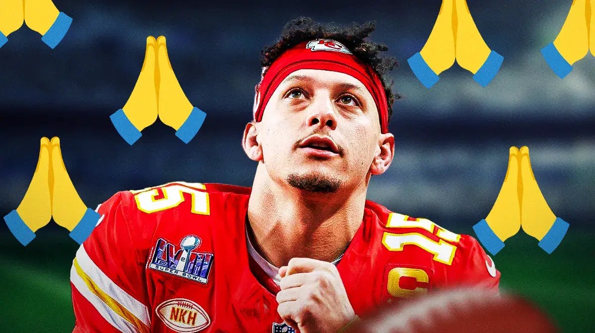 Chiefs' Patrick Mahomes looking serious. Need the praying hands emoji all over the image.