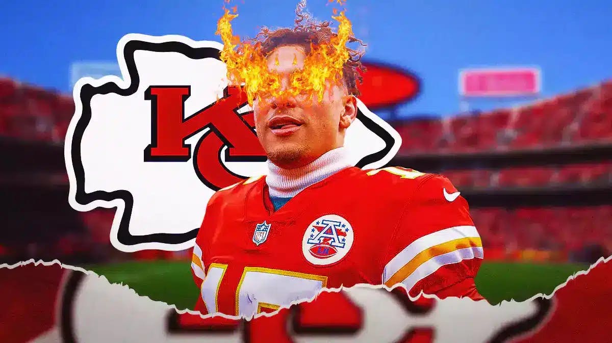 Chiefs' Patrick Mahomes with fire in his eyes and have him smiling. Please place the Chiefs' logo in background.
